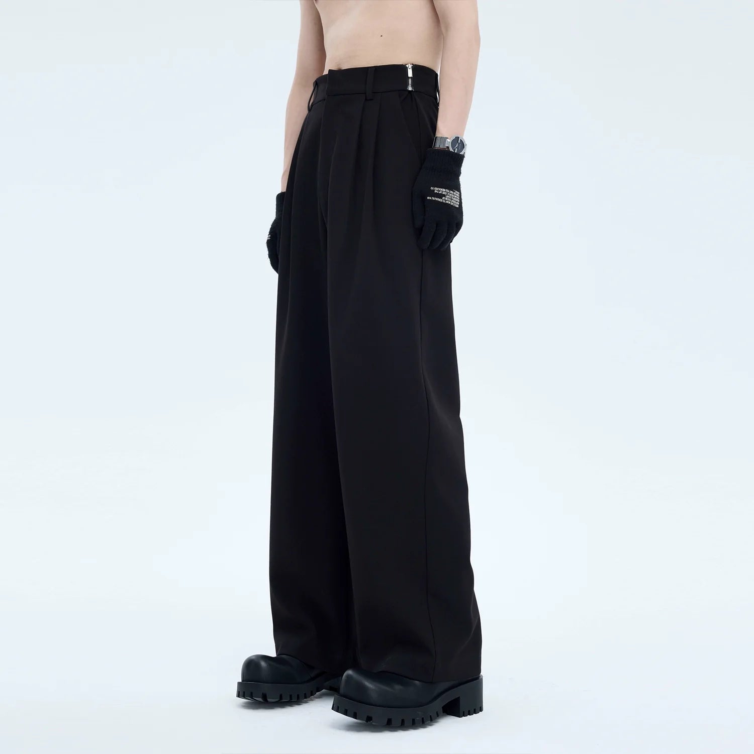 High-Waisted Wide Leg Trousers with Side Zip Detail