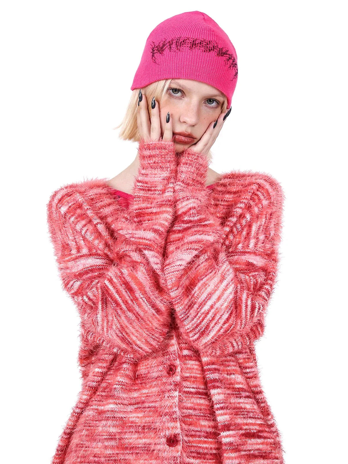 PINKSPINK Fuzzy Marled Cardigan - Coral Pink