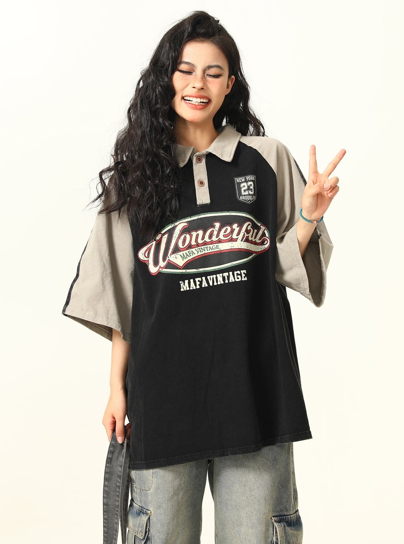 Vintage-Style Oversized Polo T-Shirt