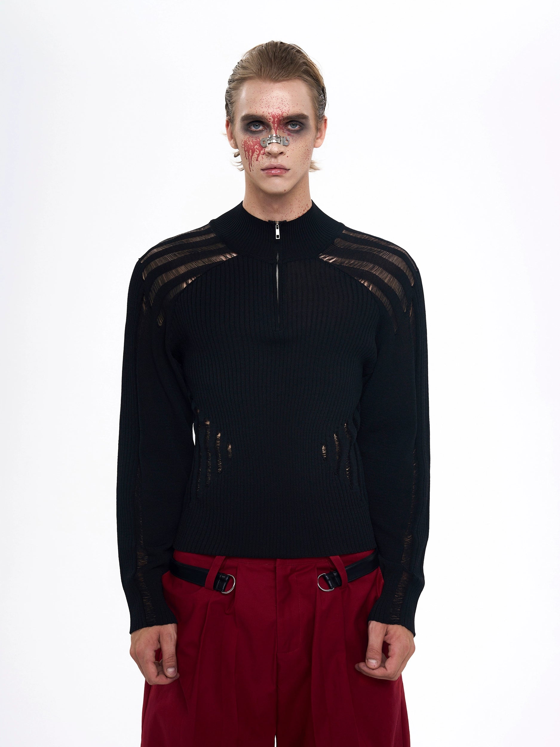 Sheer Panel Ribbed Knit Sweater