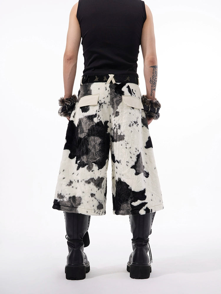 Cow Print Faux Fur Patch Shorts