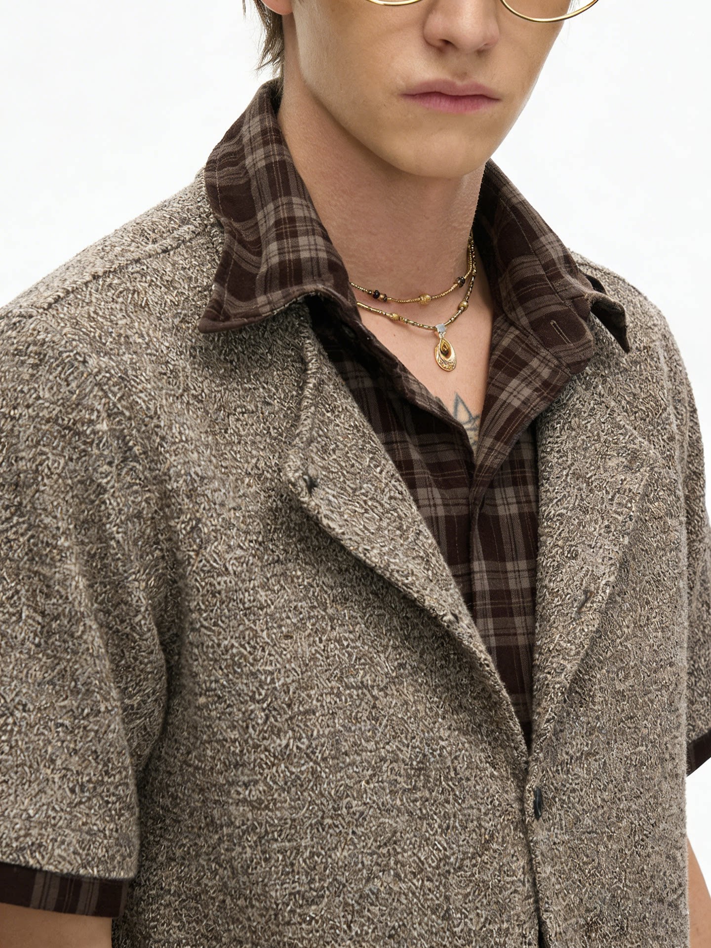 Mocha Plaid Trim Knit Shirt