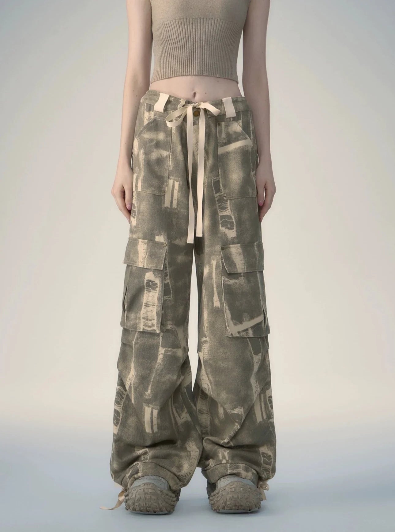 American Street Lace-Up Loose Camouflage Cargo Pants - chiclara