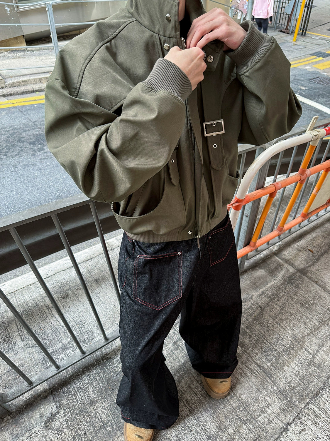 Olive Buckle Arc Bomber Jacket