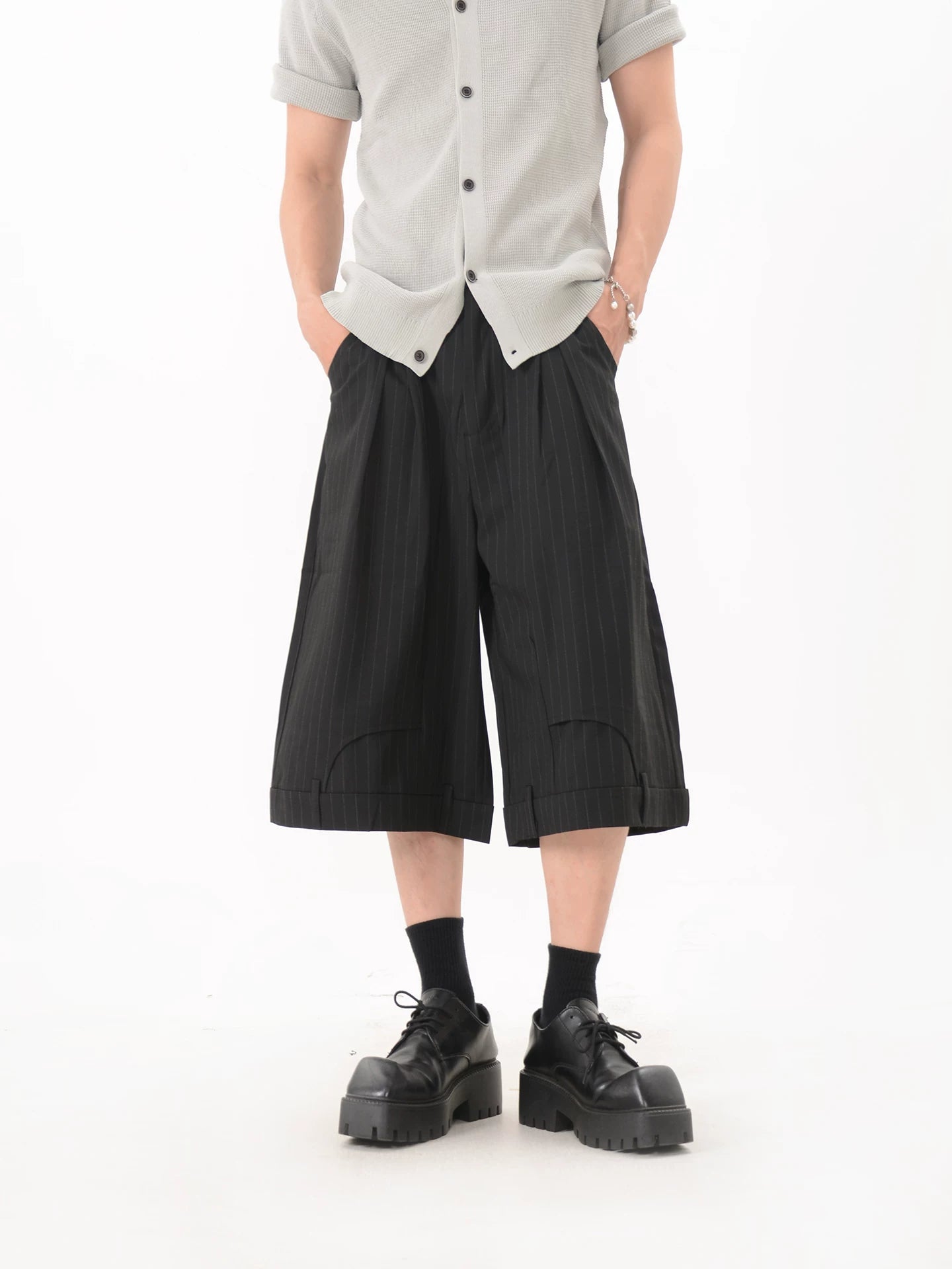 Pinstripe Pleated Wide Leg Culotte Pants