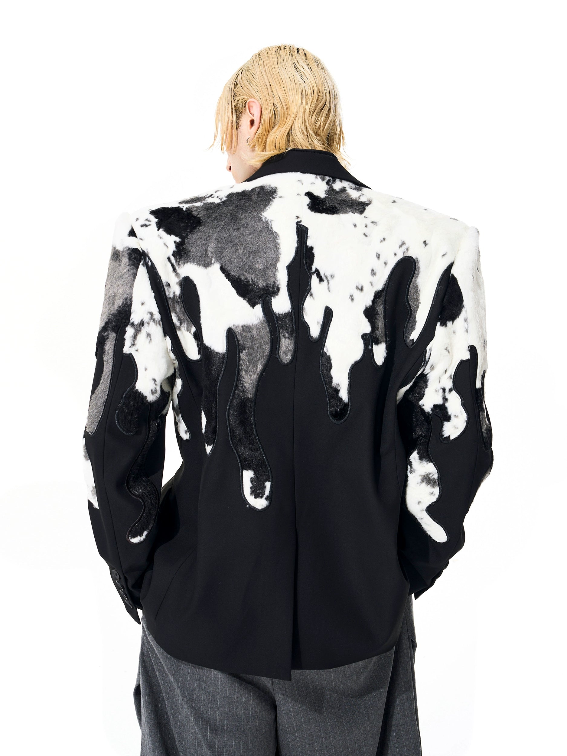 Black White Drip Faux Fur Blazer