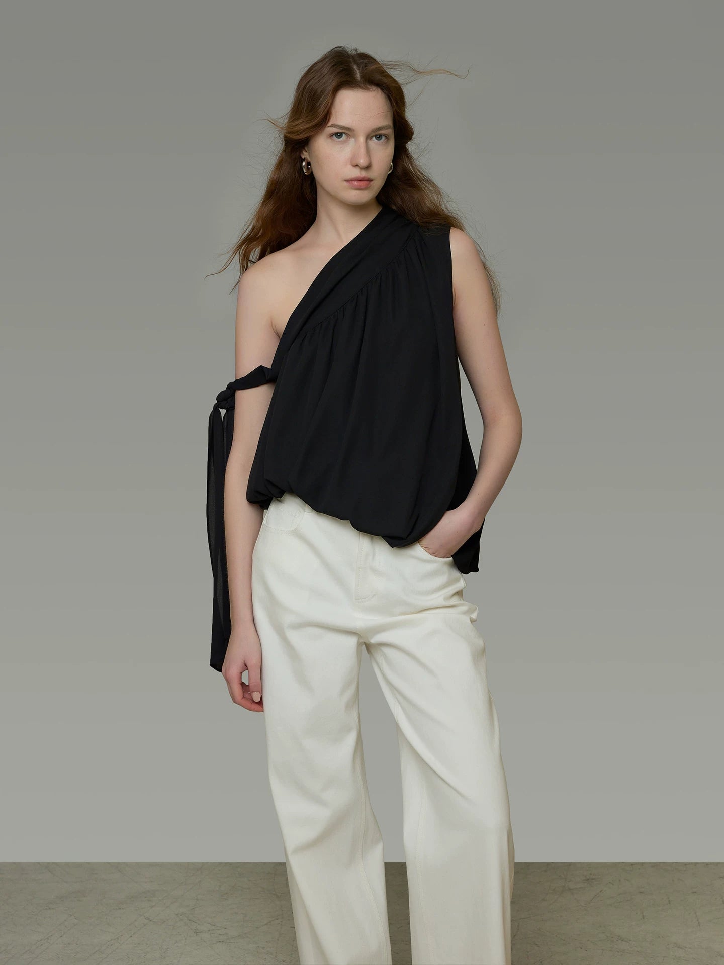 Asymmetric Tie-Drape One-Shoulder Tank Top