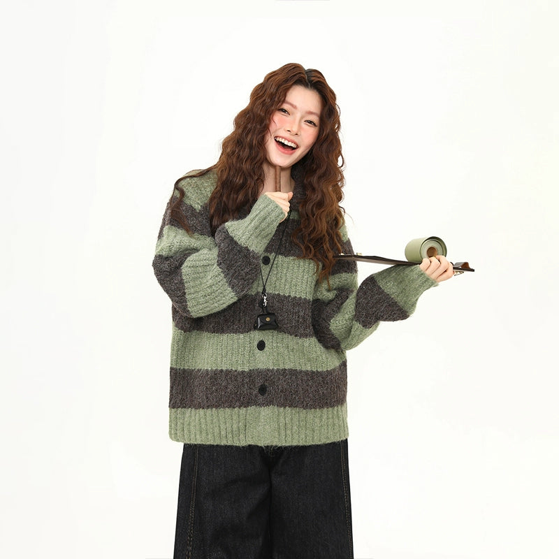 Sage Mocha Fuzzy Stripe Cardigan