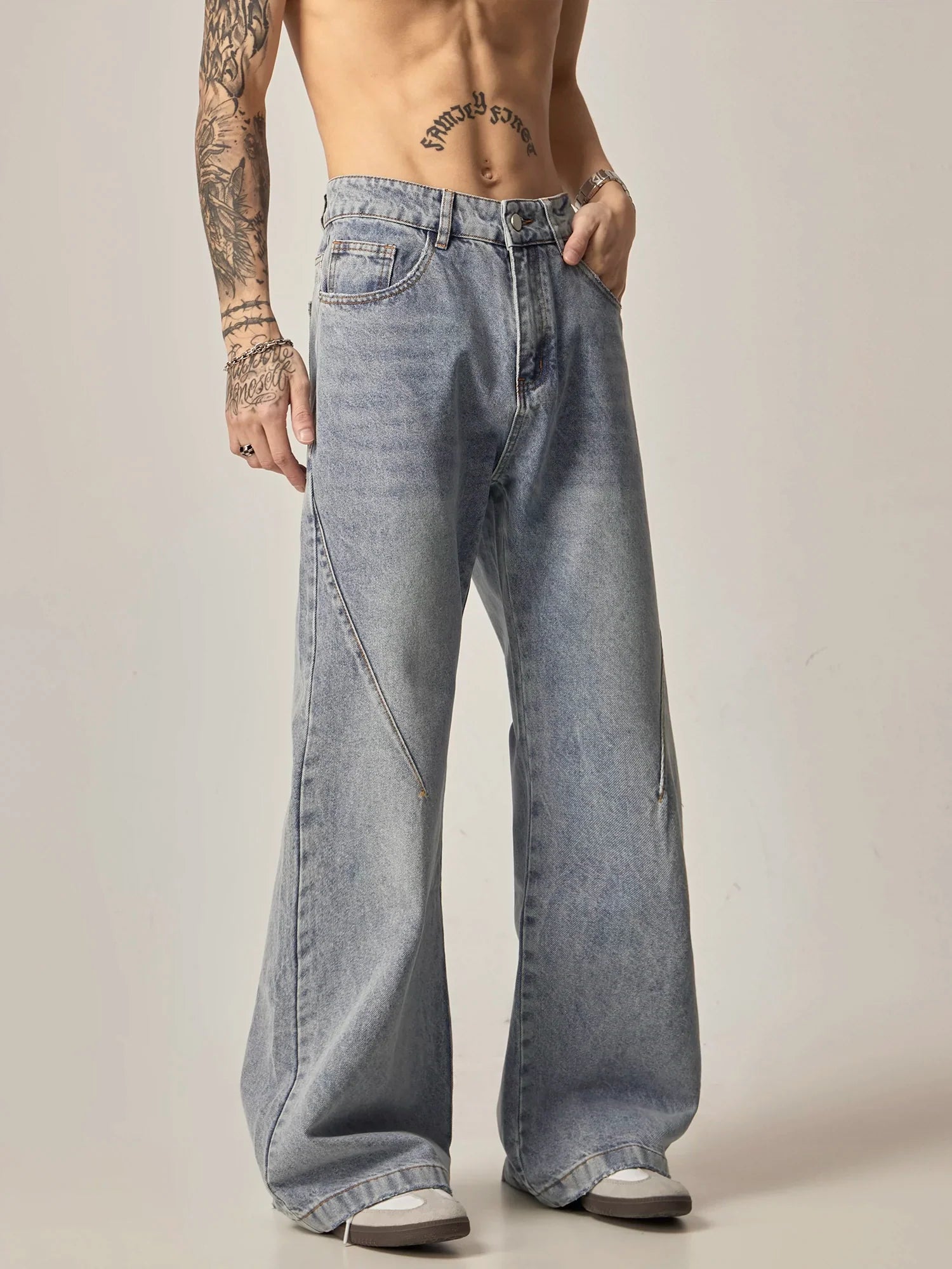 Acid Wash Wide-Leg Curved Seam Denim Jeans