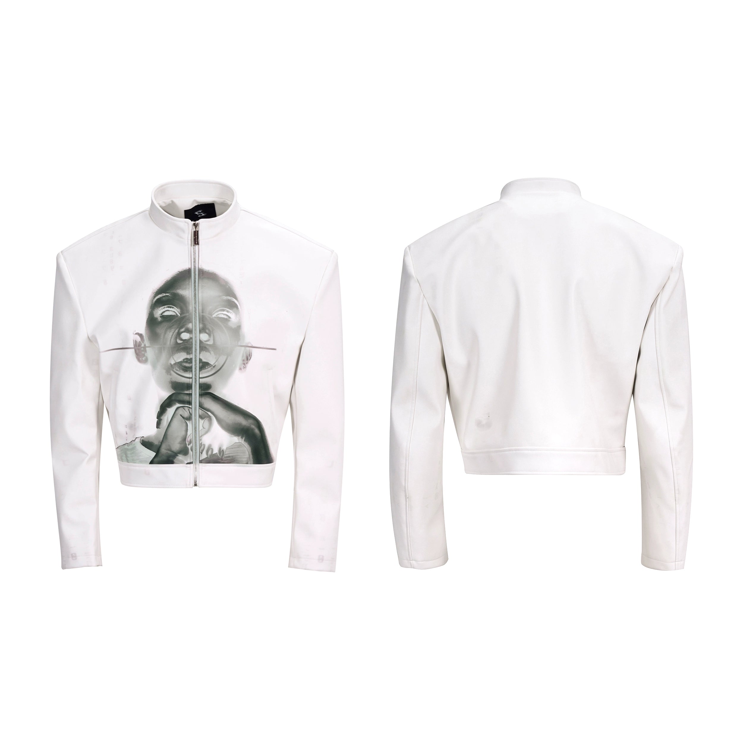 Faux Leather Jacket with Face Graphic