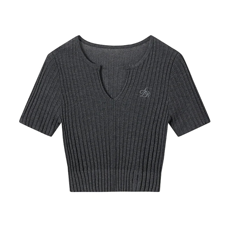 Ribbed Crop Top: Stylish V-Neck Short Sleeve Knit in Charcoal Grey