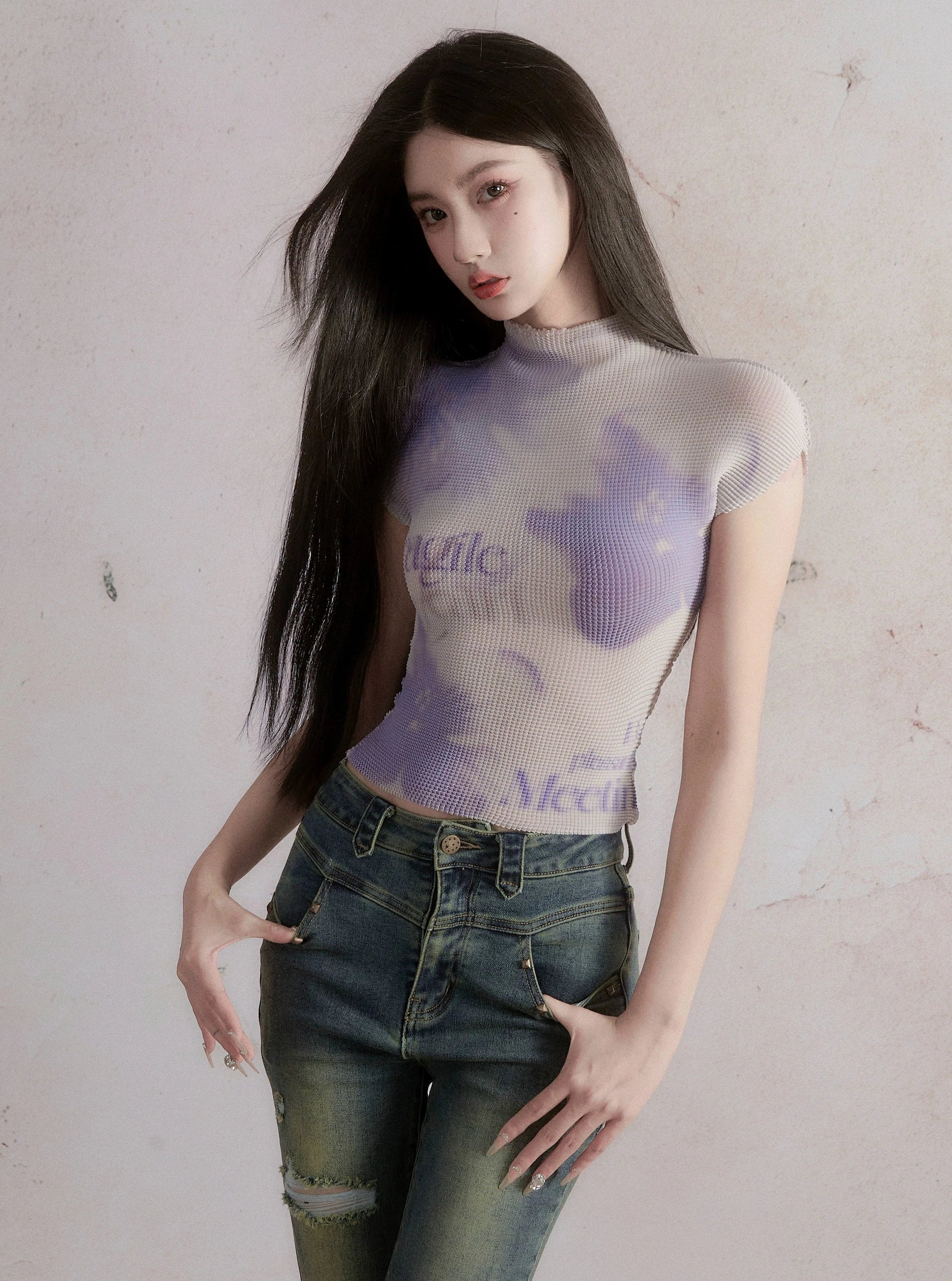 Watercolor Dreams Duo: Tie-Dye Lavender and Floral Print Cropped Mock Neck Tops