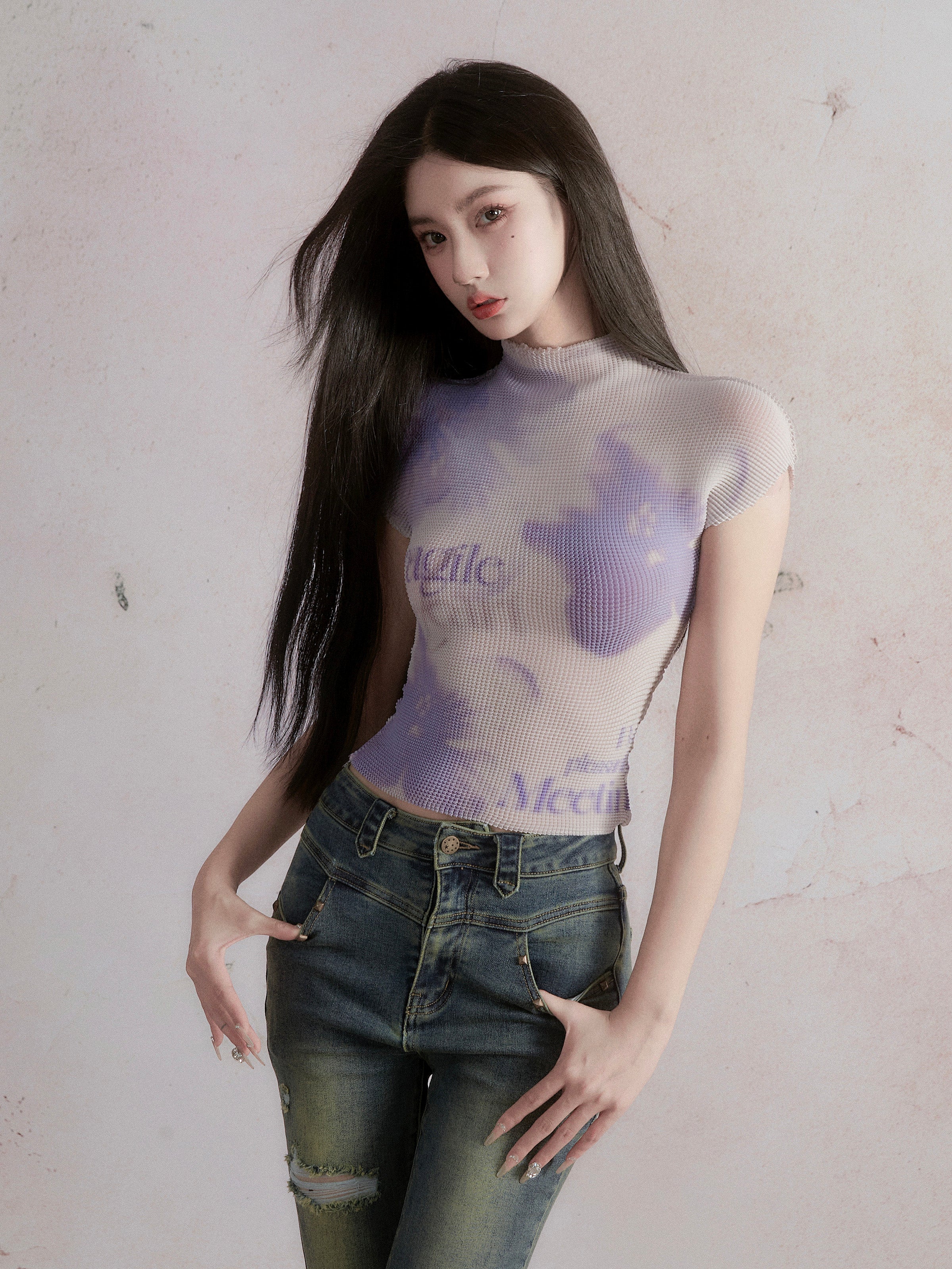 Dreamy Duo: Lavender Tie-Dye Ribbed Crop Top & Floral Watercolor Graphic Tee Set