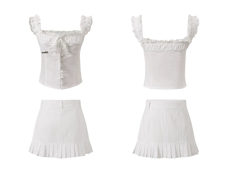 White Adjustable Drawstring Camisole Top And A-Line Skirt Set - chiclara