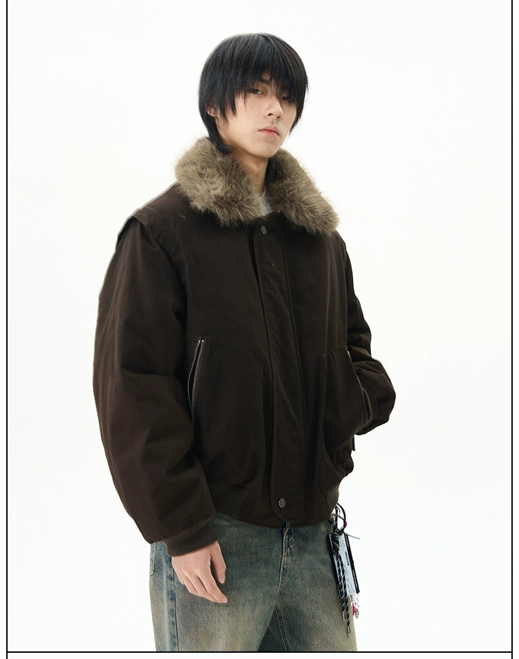Mocha Faux Fur Collar Aviator Jacket