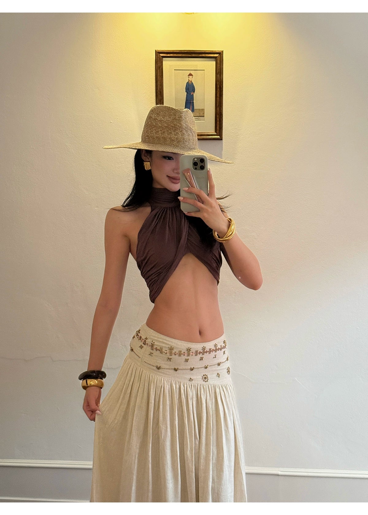Brown Halter Neck Cut-Out Crop Top