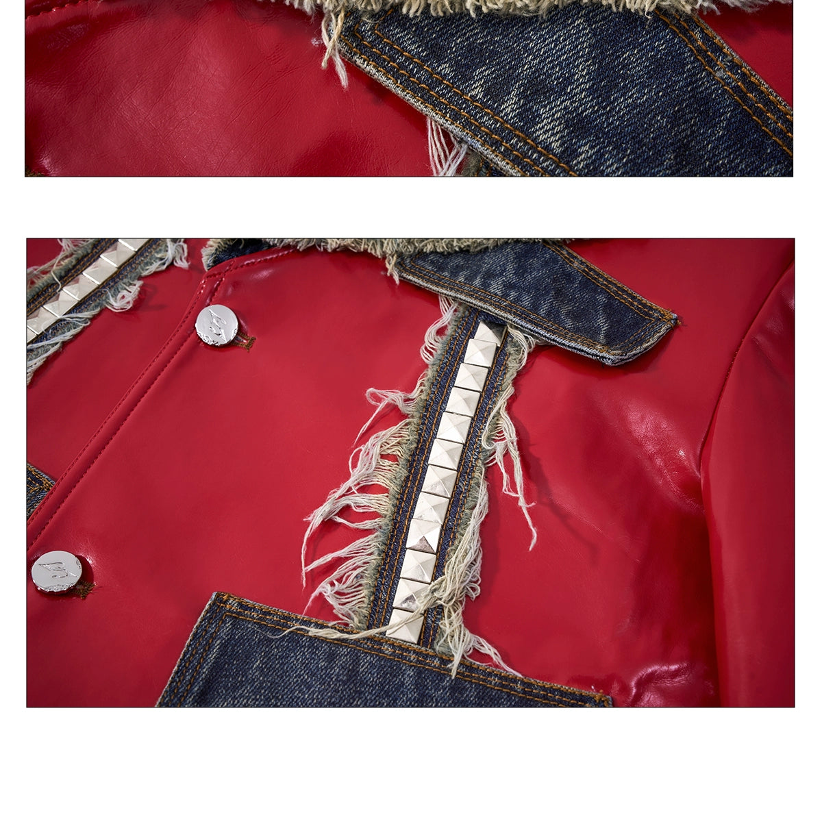 Red Patent Vinyl and Denim Patchwork Jacket and Pants Setup
