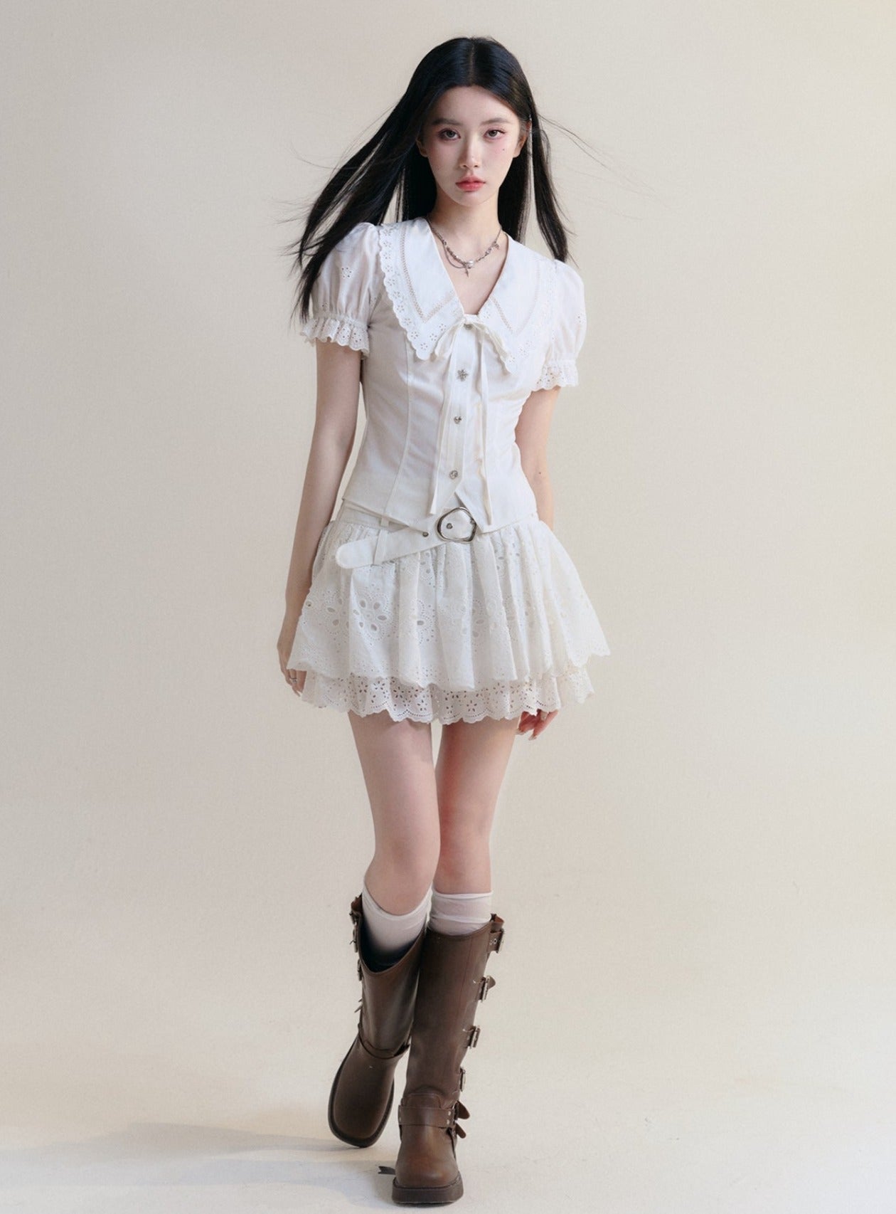 White Lace Collar Blouse and Eyelet Skirt Set