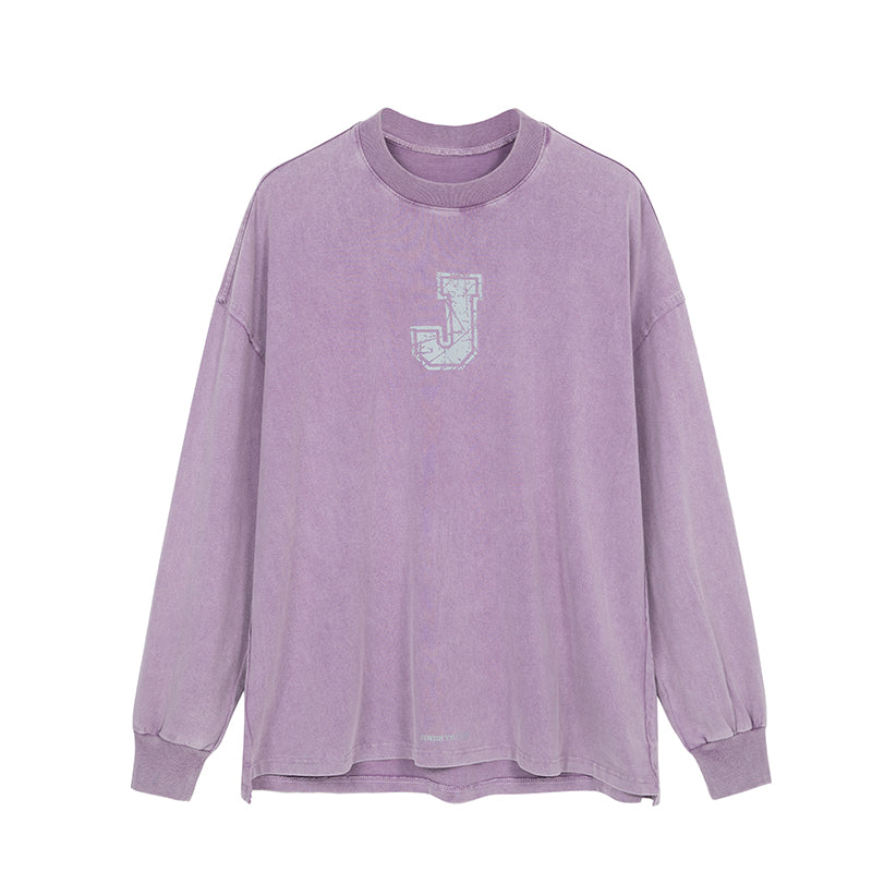 Letter J Series Washed Long Sleeve T-Shirt - chiclara