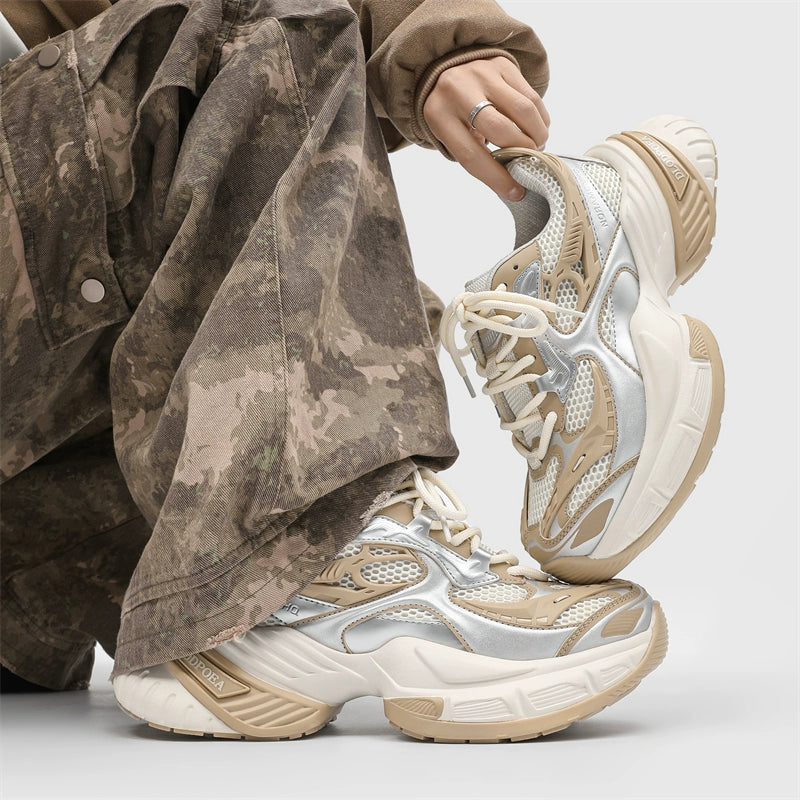 Chunky Futuristic Sneakers with Mesh Panels and Crisscross Detailing