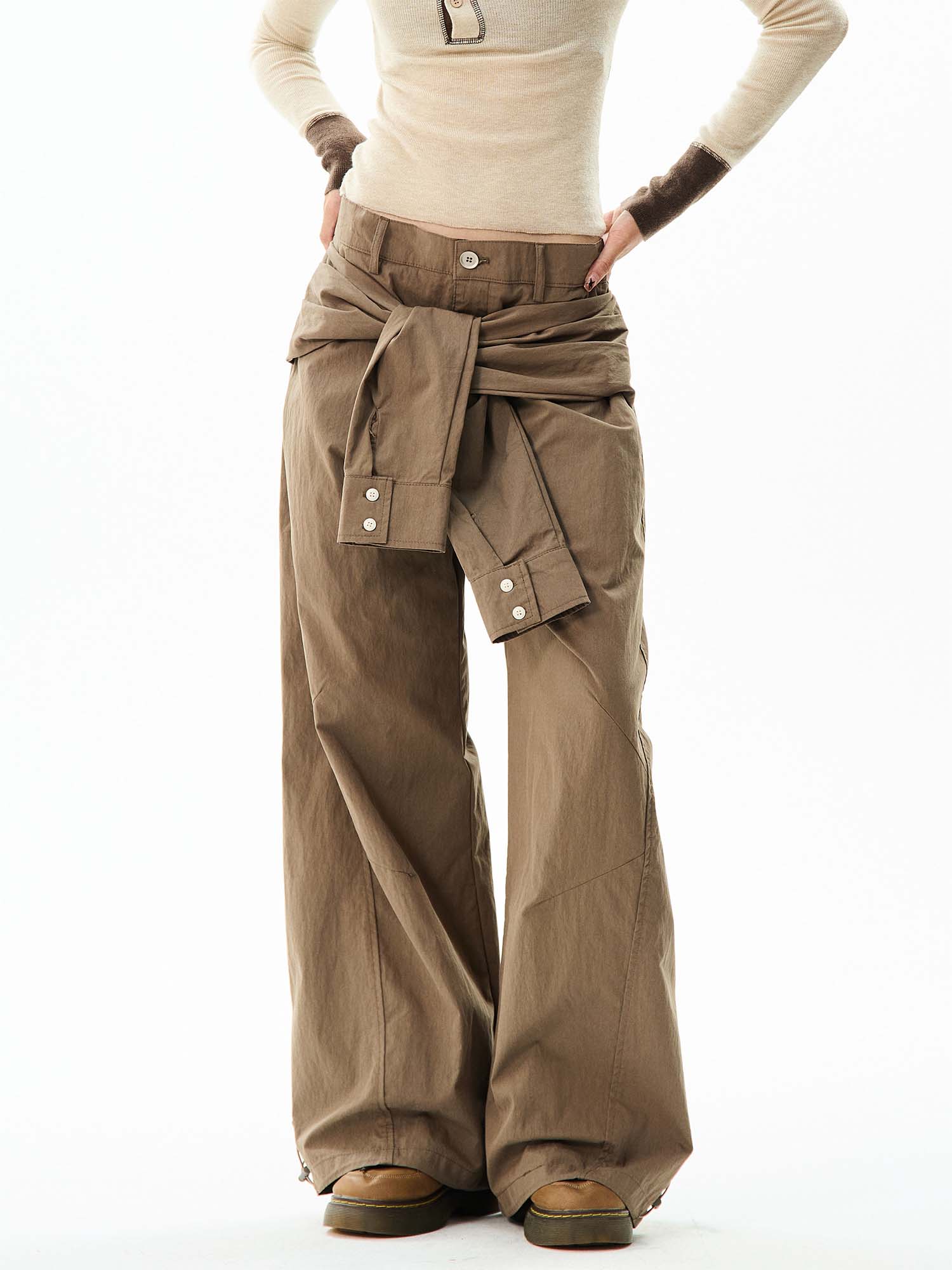 Wide-Leg Cargo Pants with Tie-Front Detail