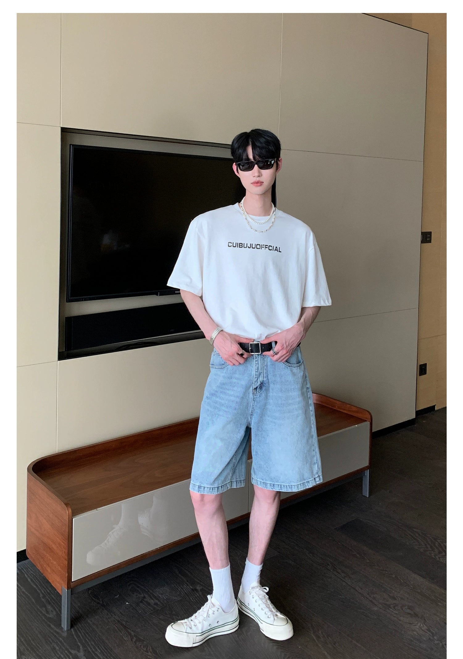 Faded Denim Shorts with Distressed Wash