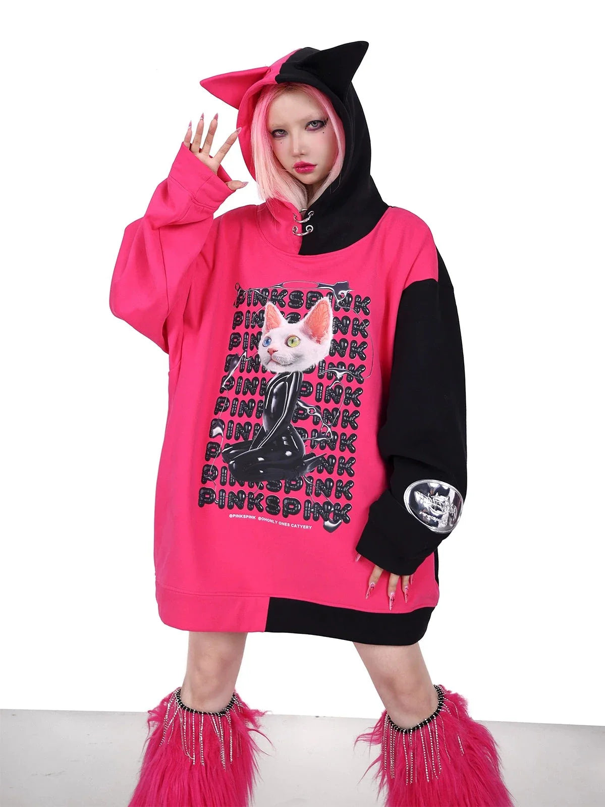 PINKSPINK Cat Graphic Oversized Hoodie - Hot Pink and Black