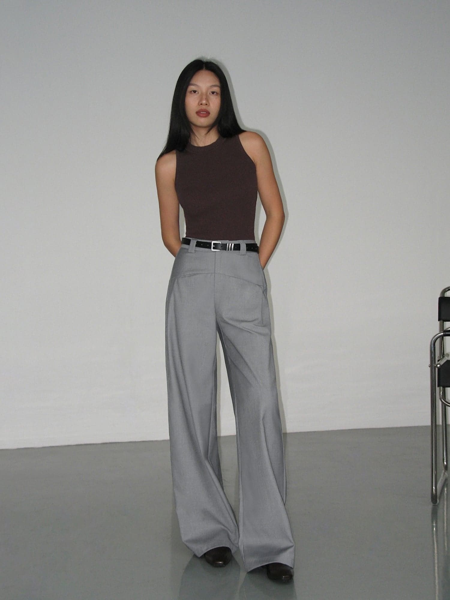 Black High-Waist Straight-Leg Suit Trousers - chiclara