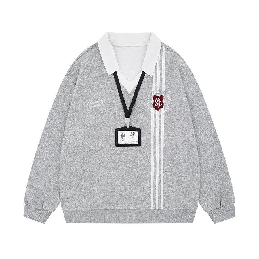 Men's Striped Embroidered V-Neck Polo Sweatshirt