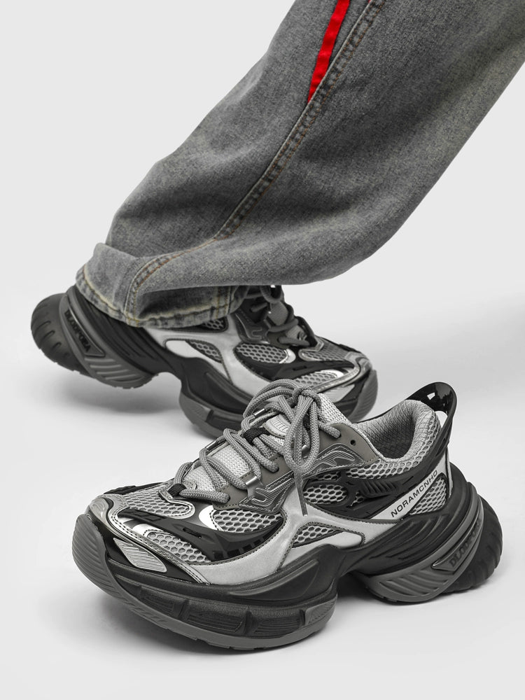 Chunky Futuristic Sneakers with Mesh Panels and Crisscross Detailing