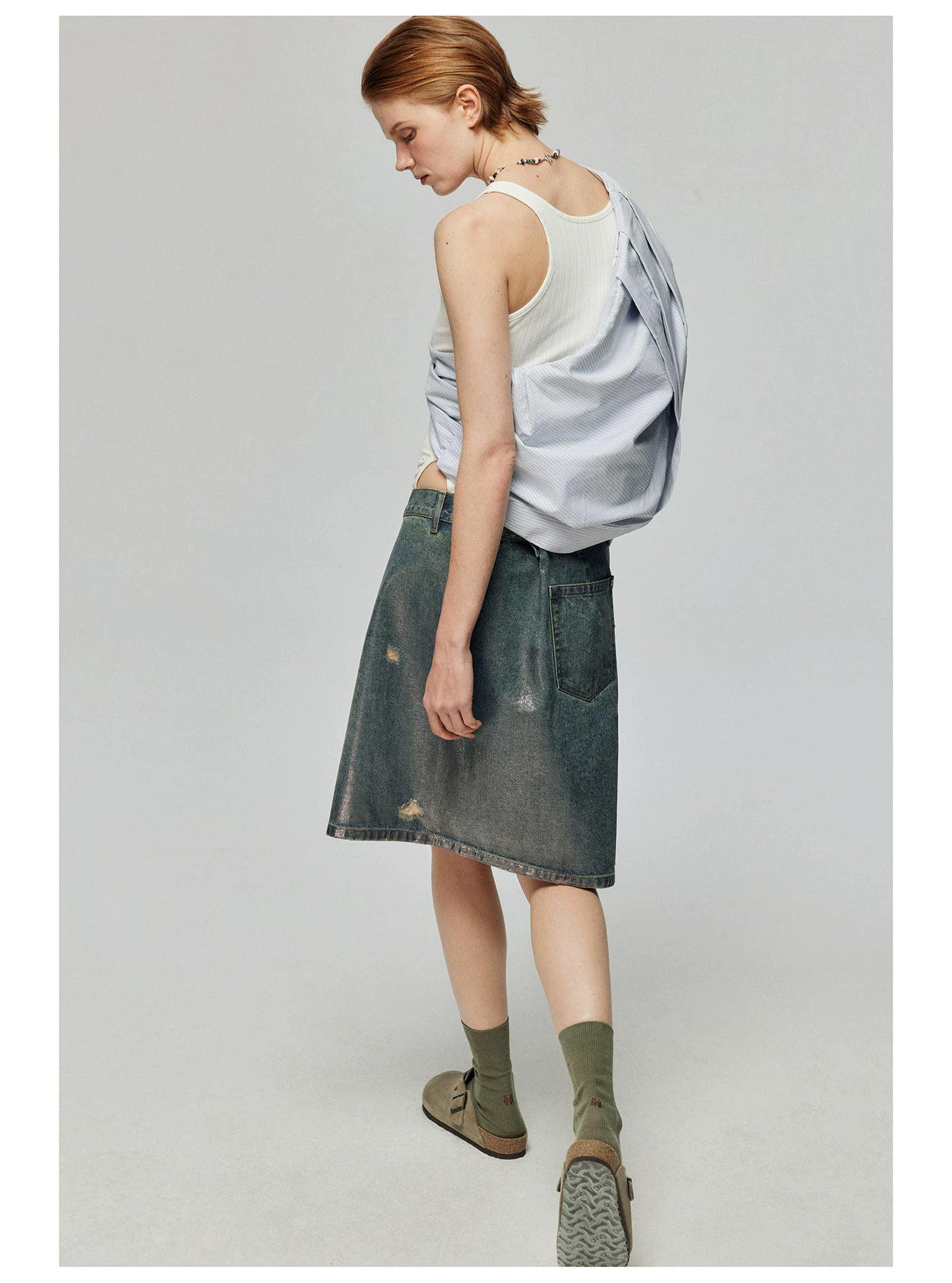 Distressed Denim Wrap Midi Skirt