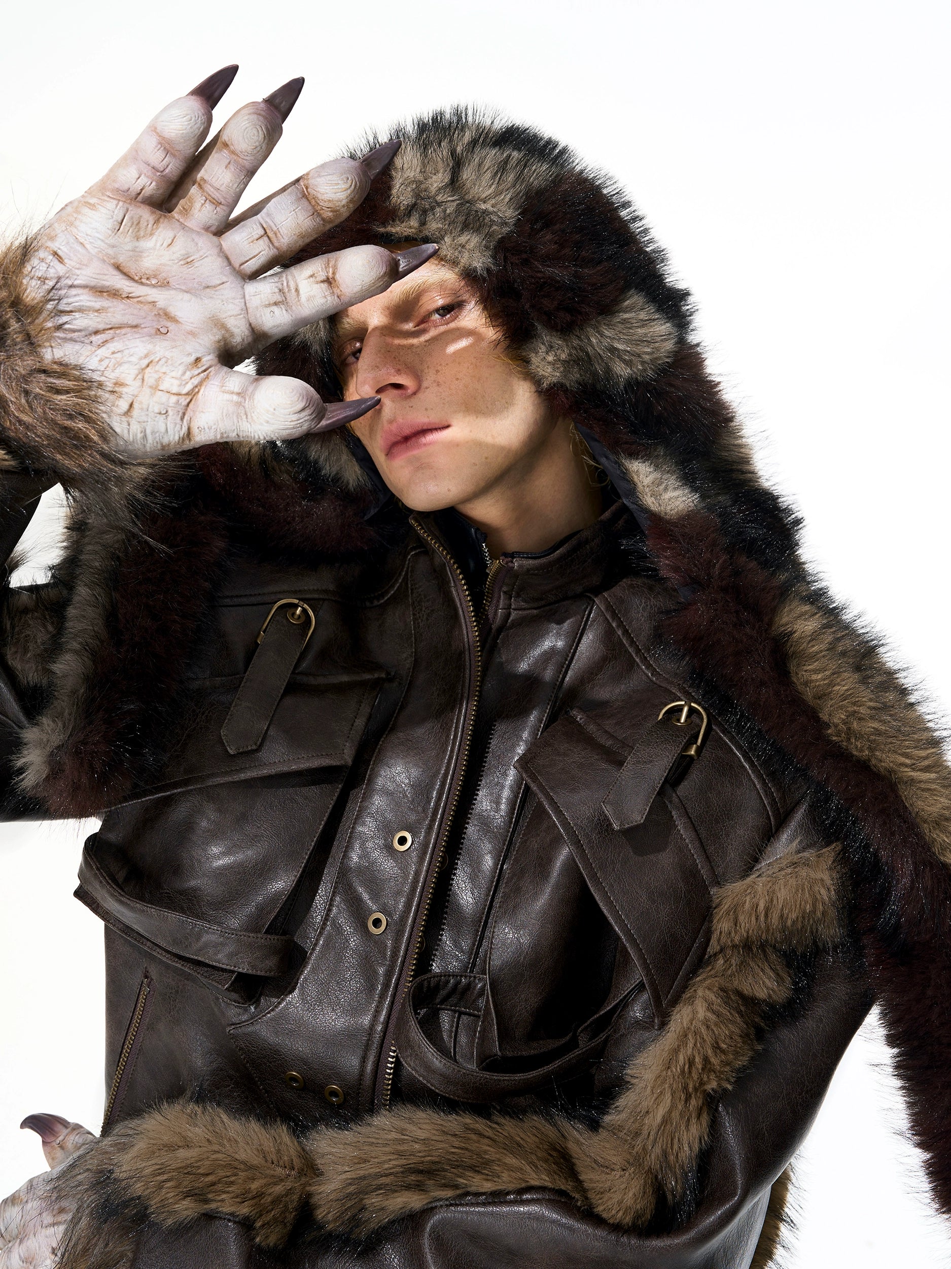Faux Fur Shawl with Hood in Brown and Black Tones