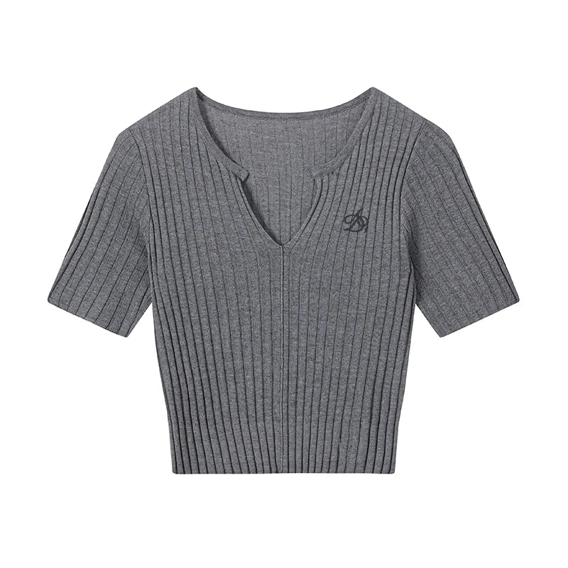 Ribbed Crop Top: Stylish V-Neck Short Sleeve Knit in Charcoal Grey