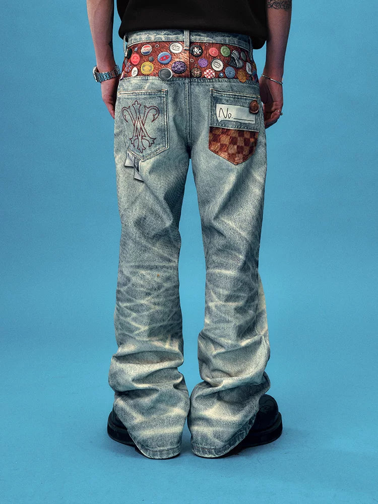 Badge Embellished Washed Wide Leg Jeans