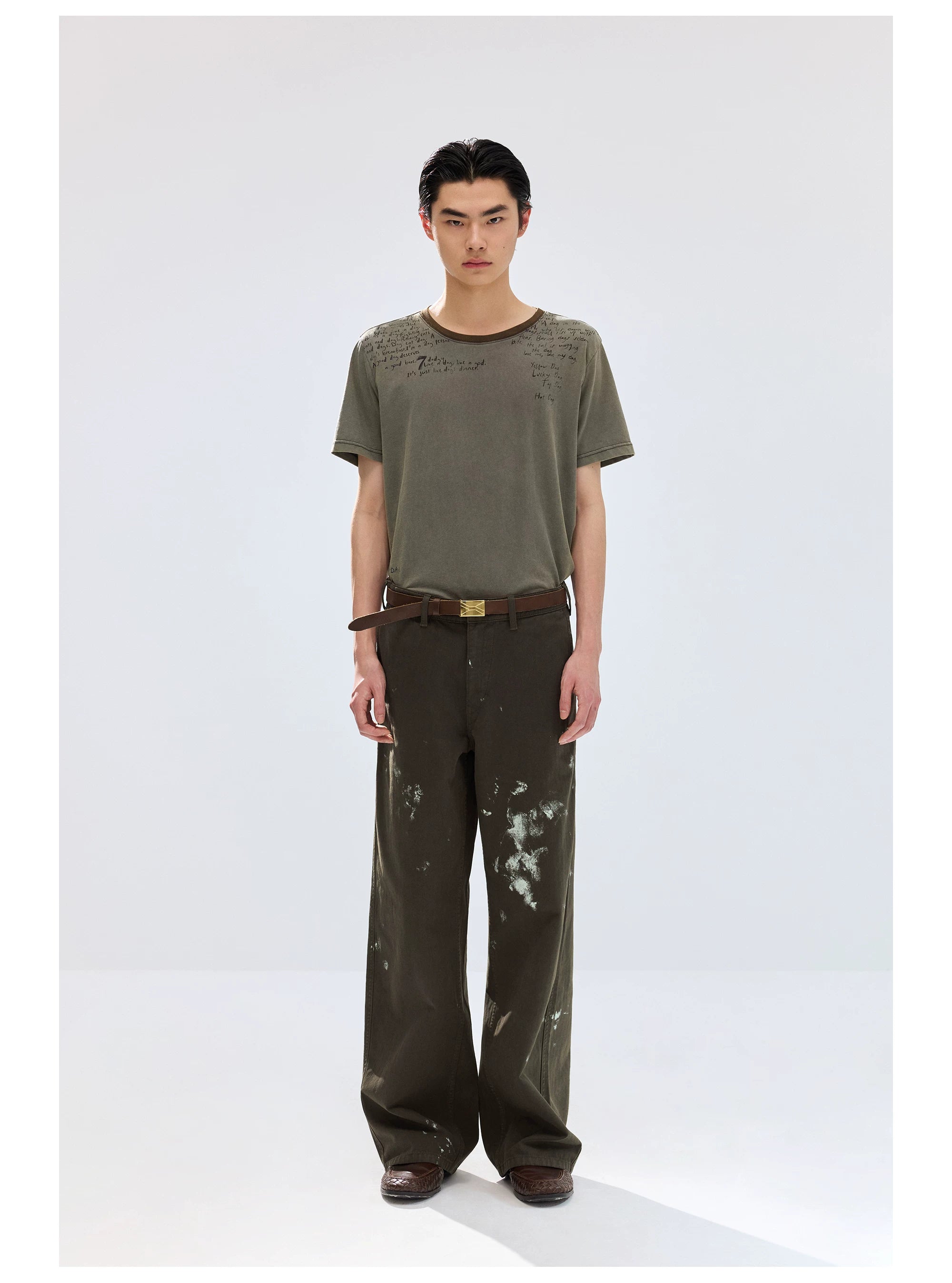 Dark Olive Paint-Splatter Straight-Leg Pants
