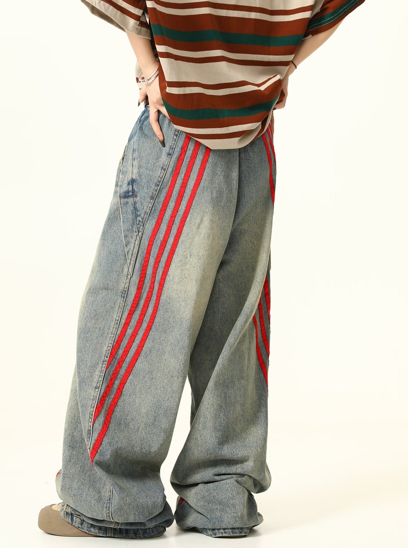 Red Triple-Stripes Wide-Leg Light Wash Denim Jeans