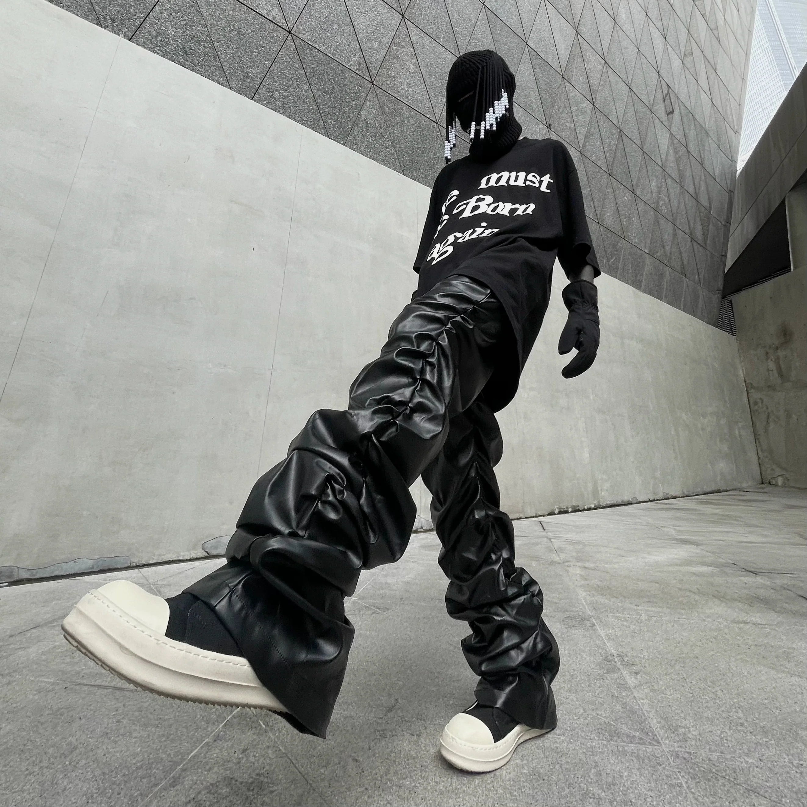 Glossy Wrinkled PU Stacked Wide-Leg Pants
