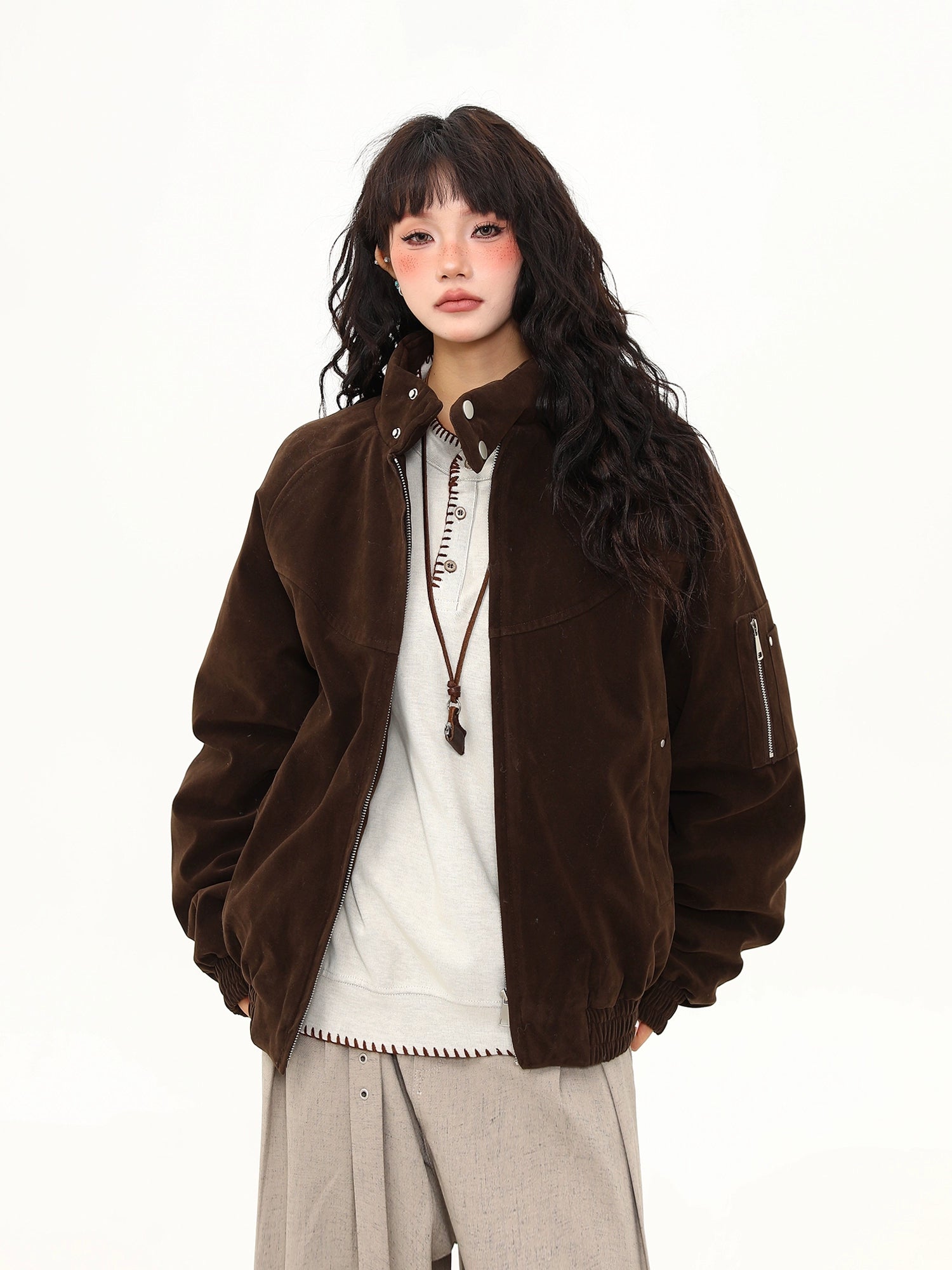 Velvet Stand-Collar Bomber Jacket