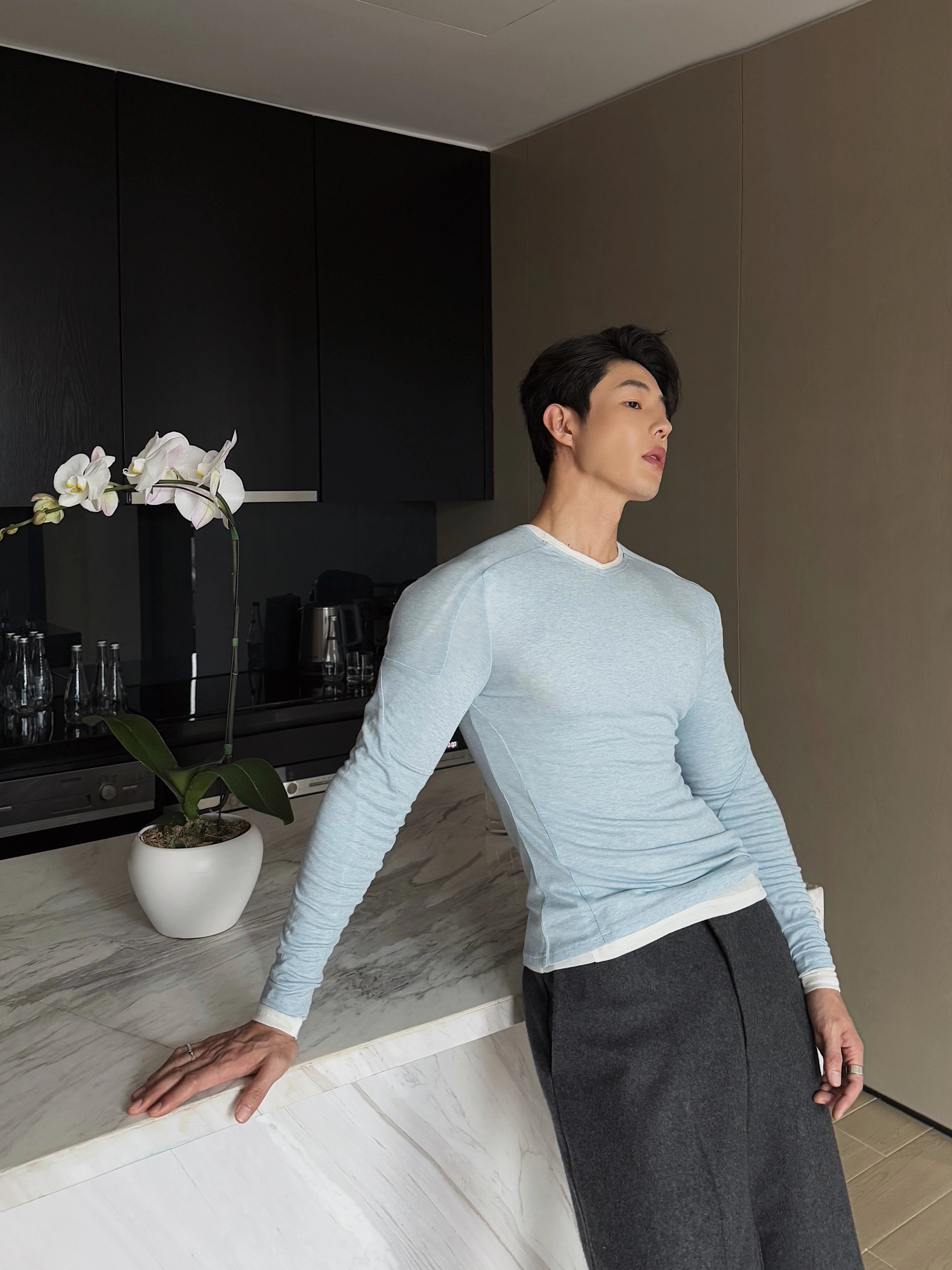 White Slim Fit Long Sleeve V-Neck