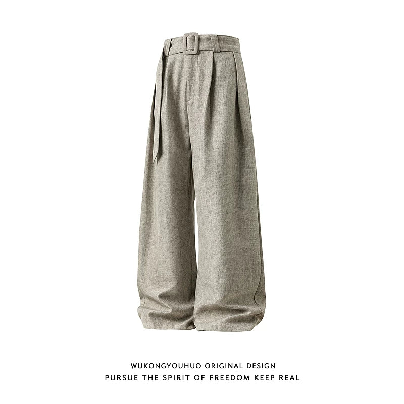 Belted Linen-Texture Curve Trousers