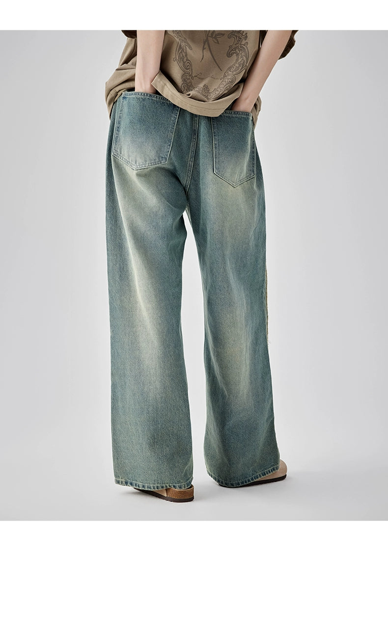 Casual Wide-Leg Denim Jeans With Distressed Wash And Frayed Hem - chiclara