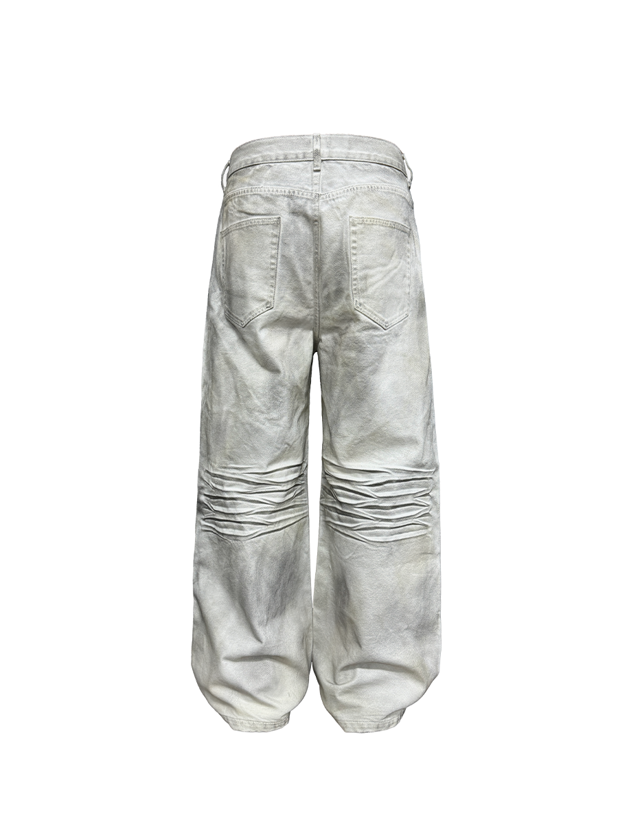 Faded White Ruched-Front Wide-Leg Jeans