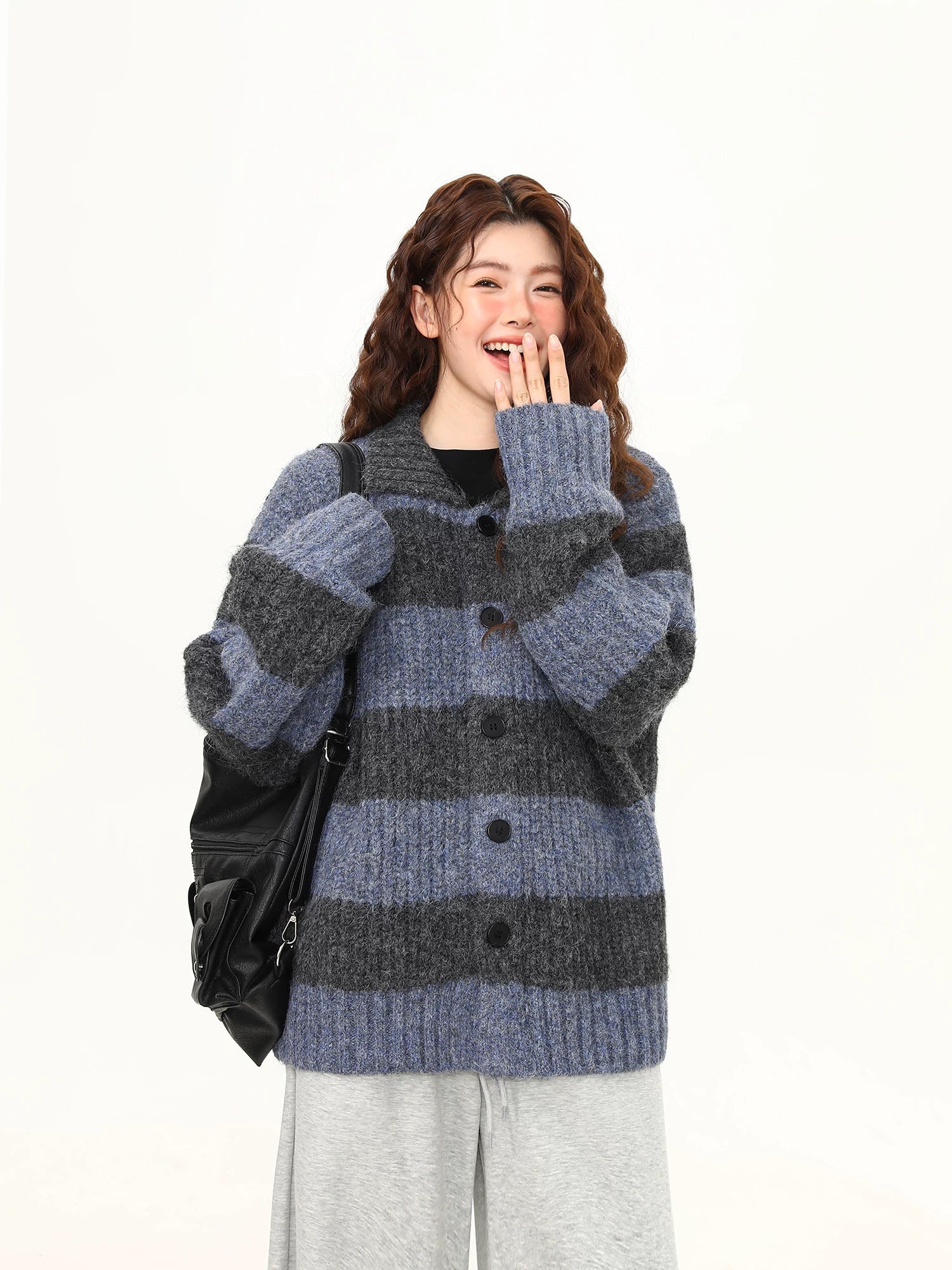 Midnight Haze Wide-Stripe Fuzzy Cardigan