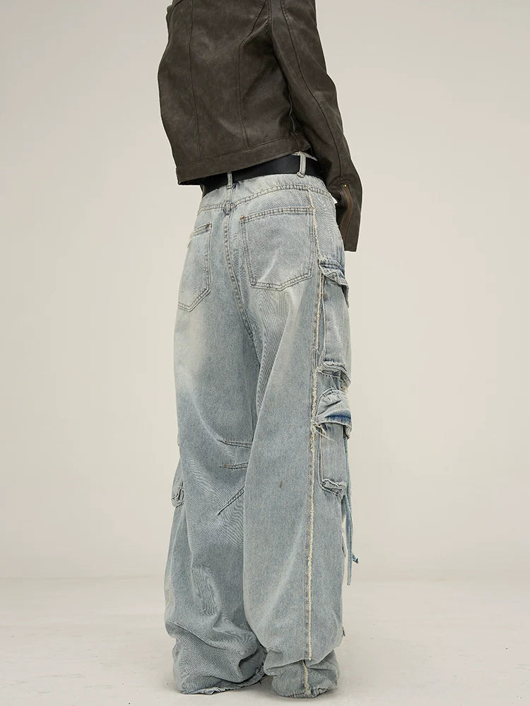 Edgy Wide-Leg Distressed Cargo Jeans - chiclara