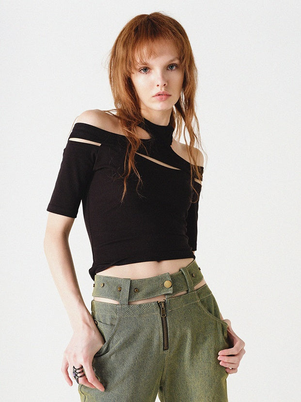 NORTH NODE Avant-Garde Cut-Out Crop Top - White and Charcoal