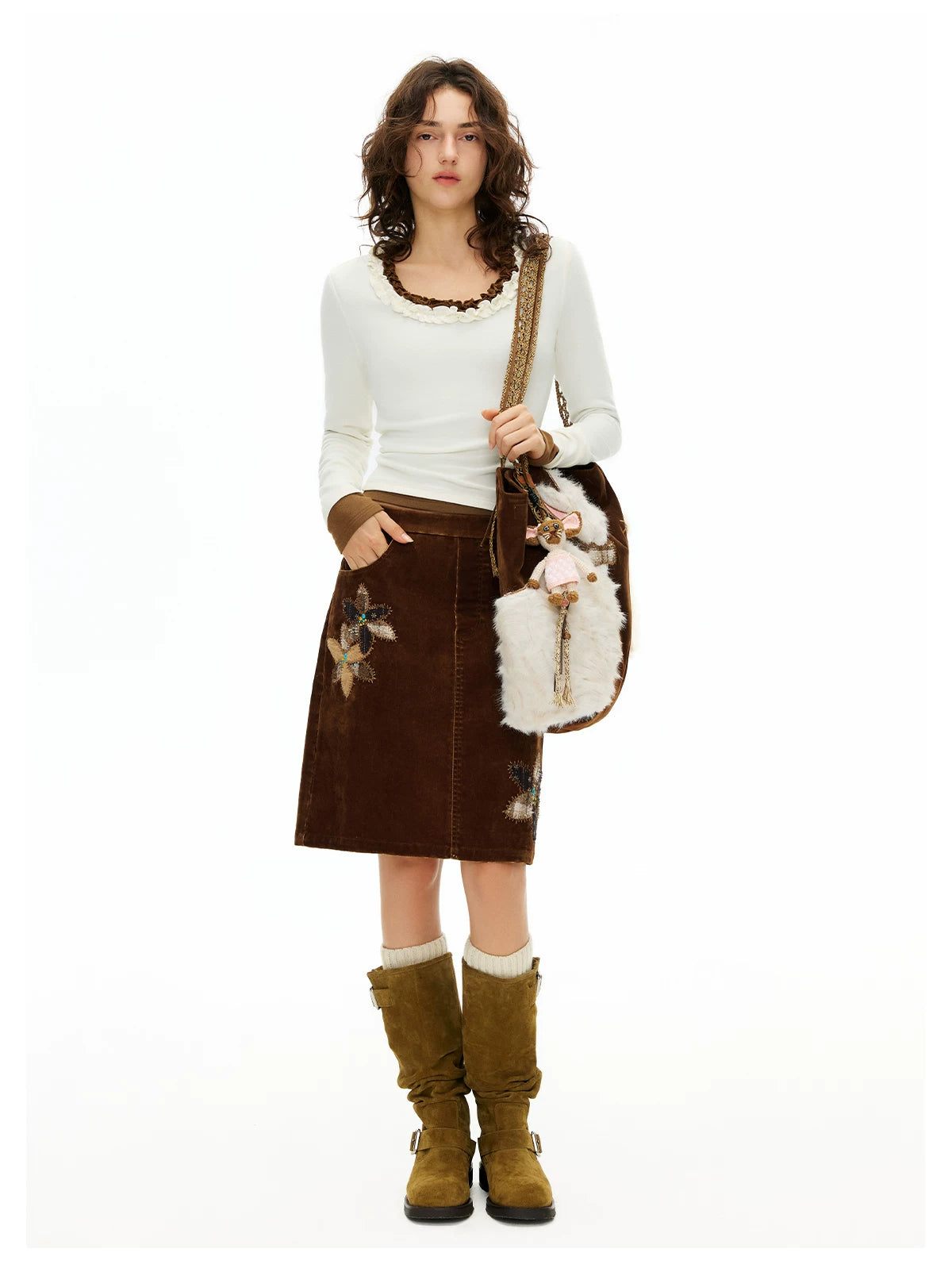 Ruffled Cocoa Butter Scoop Knit Top