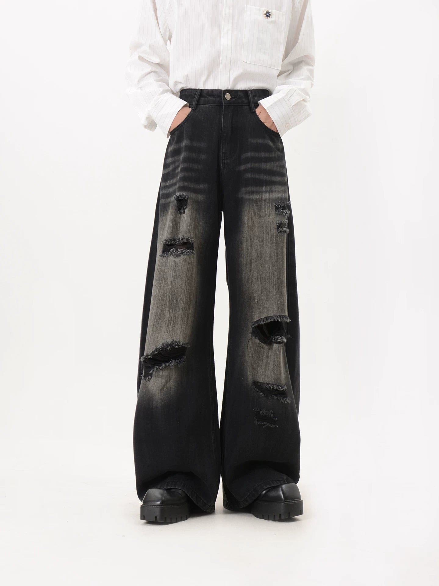 Distressed Washed Heavily Ripped Wide Leg Jeans
