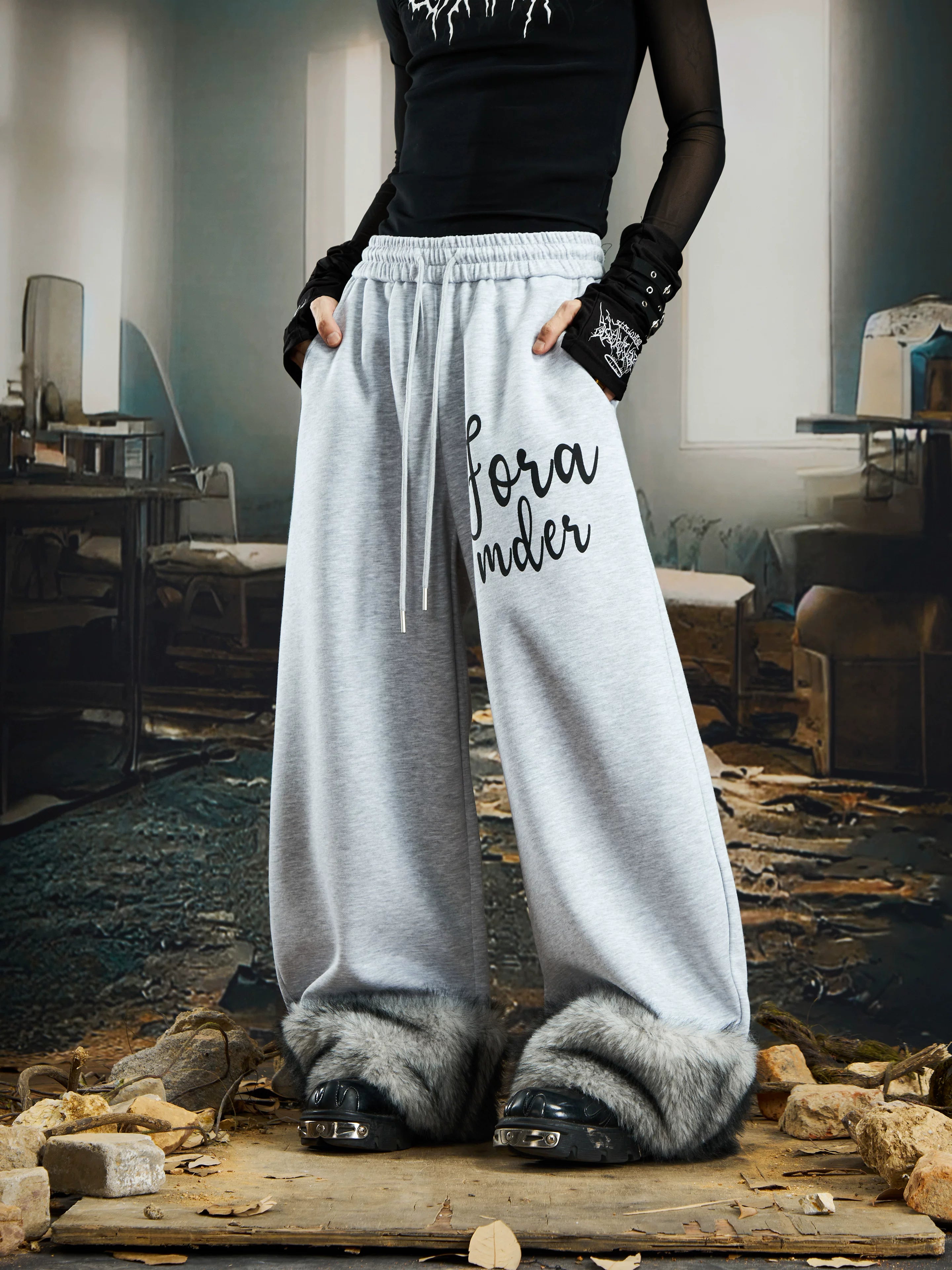 Frostbound Script Fleece‑Cuff Lounge Pants
