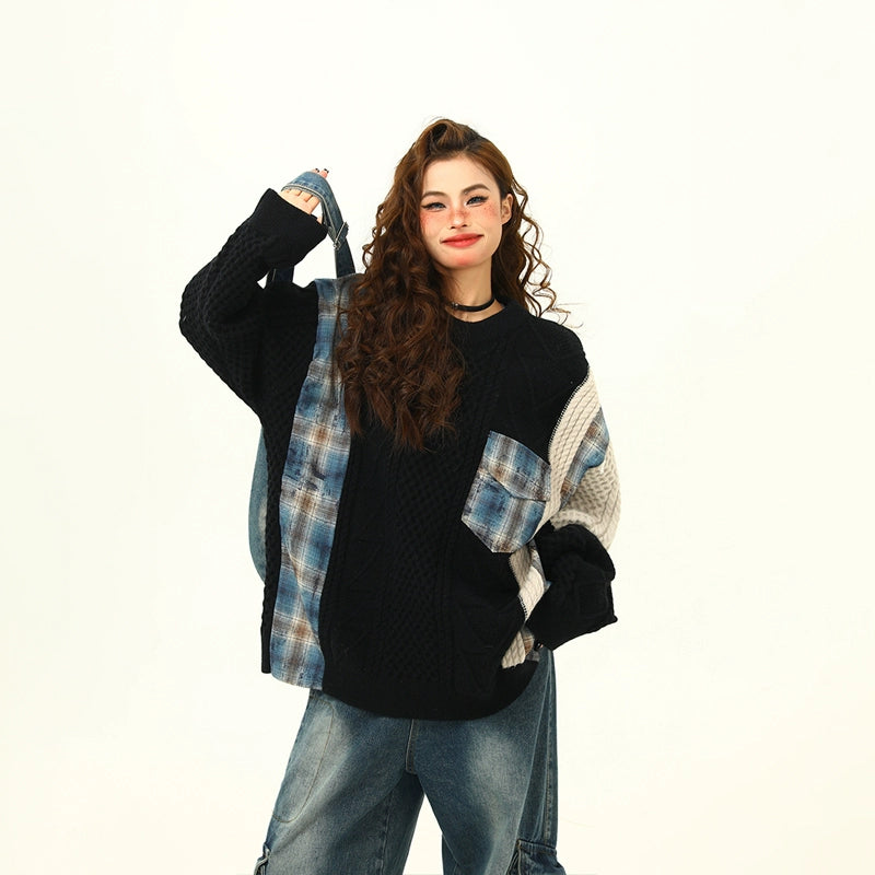 Patchwork Knit and Plaid Sweater