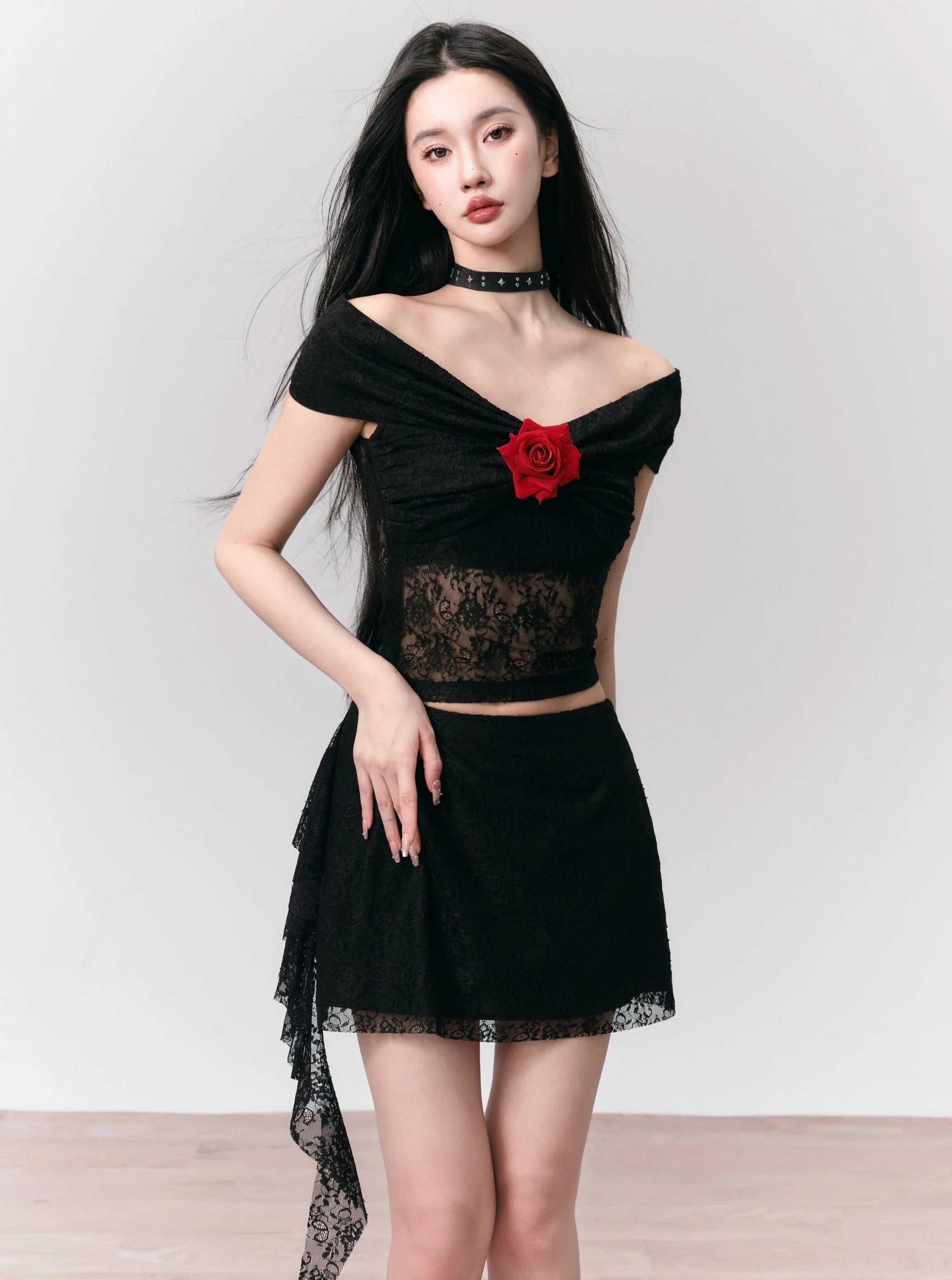 Rose Embellished Off-Shoulder Lace Crop Top and Asymmetric Lace Mini Skirt Set